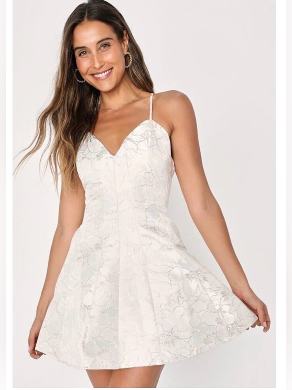 Lulus White Gold Metallic Floral Jacquard Skater Mini Dress w Pockets XS